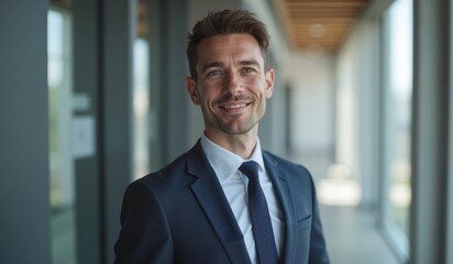 Confident businessman smiling warmly in modern office hallway