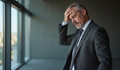 Stressed businessman with concerned expression touching forehead against office window