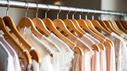 Delikatne ubrania na drewnianych wieszakach
