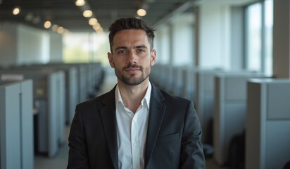 Fototapeta premium Confident Businessman with Determined Expression Standing in Modern Office