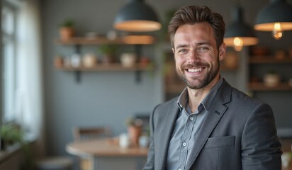 Obraz premium Smiling businessman confidently posing in modern office against cozy background