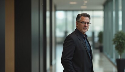 Confident Mature Businessman Standing in Modern Office Hallway