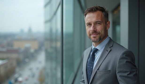 Confident businessman with contemplative expression looking out office window against urban skyline