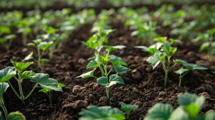 Obraz premium Close-up shot of a row of young green plants growing in rich, dark soil, representing the promise of a bountiful harvest.