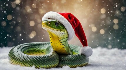A snake in a Santa Claus hat is elegantly coiled against a background with festive tinsel, garlands, and Christmas ornaments. 