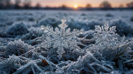 In the photo, bright snowflakes elegantly cover the snowy ground. They sparkle in the sunlight, creating a magical pattern on the white surface. Each snowflake is unique, like a tiny work of art.