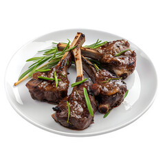 Juicy grilled lamb chops garnished with fresh rosemary, served on a white plate, perfect for a gourmet meal or culinary presentation