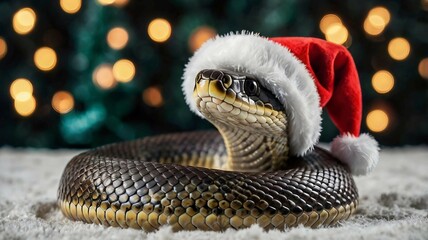 A snake in a Santa Claus hat is elegantly coiled against a background with festive tinsel, garlands, and Christmas ornaments. 