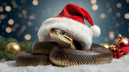 A snake in a Santa Claus hat is elegantly coiled against a background with festive tinsel, garlands, and Christmas ornaments. 