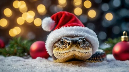 A snake in a Santa Claus hat is elegantly coiled against a background with festive tinsel, garlands, and Christmas ornaments. 