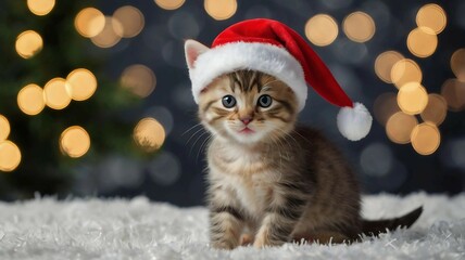A kitten in a New Year&rsquo;s costume is sitting against a cozy winter backdrop. It wears a bright red and white Santa Claus outfit adorned with shiny silver bells.