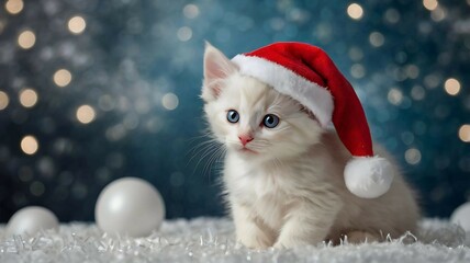 A kitten in a New Year&rsquo;s costume is sitting against a cozy winter backdrop. It wears a bright red and white Santa Claus outfit adorned with shiny silver bells.