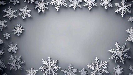 The photo shows a minimalist winter background: snowflakes along the edges form a frame on a light gray background. Small snow dots are scattered across the surface, creating a calm and chilly winter 