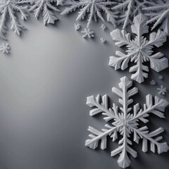 The photo shows a minimalist winter background: snowflakes along the edges form a frame on a light gray background. Small snow dots are scattered across the surface, creating a calm and chilly winter 