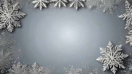 The photo shows a minimalist winter background: snowflakes along the edges form a frame on a light gray background. Small snow dots are scattered across the surface, creating a calm and chilly winter 