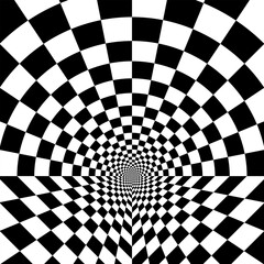 Abstract black and white pattern 
like tunnel. Optical illusion with checkered circle in perspective.