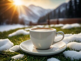 In the photo, there is a green coffee cup with a beautiful pattern made from milk froth on the surface. The cup sits on grass partially covered with fresh snow, creating a contrast between the greener