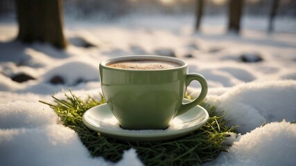 In the photo, there is a green coffee cup with a beautiful pattern made from milk froth on the surface. The cup sits on grass partially covered with fresh snow, creating a contrast between the greener