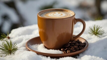 In the photo, there is a green coffee cup with a beautiful pattern made from milk froth on the surface. The cup sits on grass partially covered with fresh snow, creating a contrast between the greener