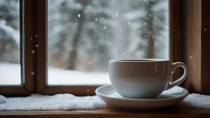 The photo shows a white cup on a saucer sitting on a windowsill. Snow is falling outside, and in the blurred background, snow-covered trees create a feeling of winter atmosphere and coziness.