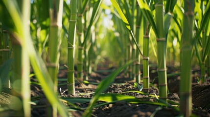 Obraz premium Close-up of a field of bamboo stalks, the vibrant green color and natural texture create a peaceful and calming mood.