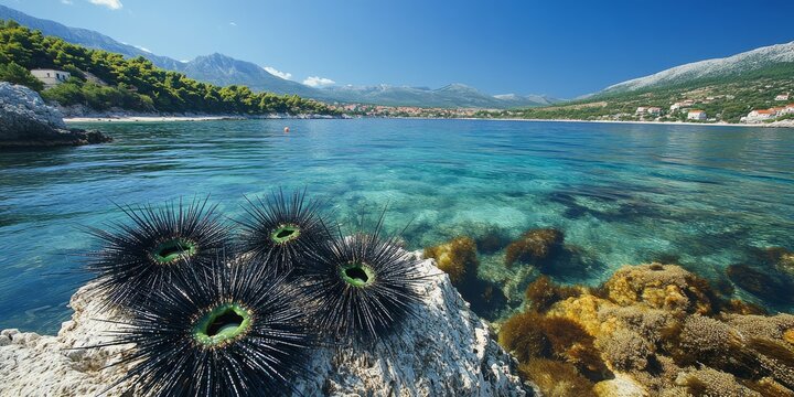 Freshly caught sea urchins, opened to reveal their edible insides (uni), were found at Perna Inlet on St Clement Island, near the Hell's Islands in Croatia.