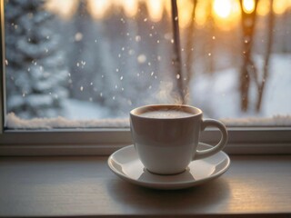 The photo shows a white cup on a saucer sitting on a windowsill. Snow is falling outside, and in the blurred background, snow-covered trees create a feeling of winter atmosphere and coziness.