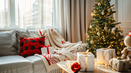 Christmas Living Room: A cozy living room decorated for Christmas with a tree, gifts, sofa, and table covered with a blanket, creating a warm holiday ambiance.