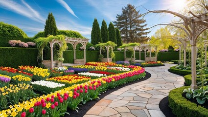 Naklejka premium A colorful flower garden in springtime with vibrant tulips and daffodils, showcasing a scenic walkway and arched trellises