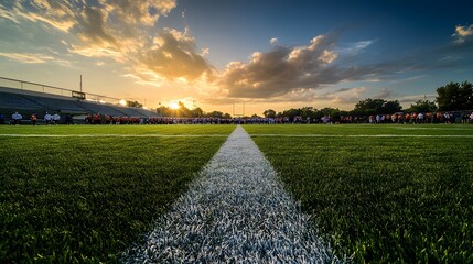 A wide-angle shot of a football field with teams preparing for a kickoff
