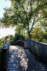 Fototapeta premium Old wooden arched bridge over the river, fall, Algonquin Provincial Park 2024