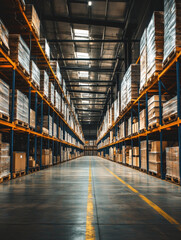 panoramic view of large warehouse with high ceilings, showcasing organized shelves filled with stacked boxes and pallets. spacious interior creates sense of efficiency and order