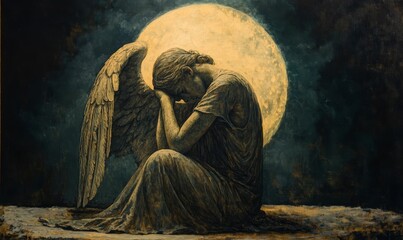 Obraz premium An angel with wings sits under a moon.