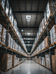 panoramic view of large warehouse with high ceilings, showcasing neatly stacked boxes and pallets. organized layout creates sense of efficiency and spaciousness