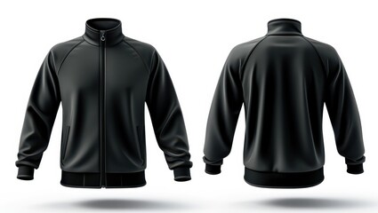 Black athletic jacket, front and back view, sportswear, full-zip, stand-up collar, long sleeves, minimalist design, monochrome, 3D rendering, product photography, realistic texture, athletic apparel, 