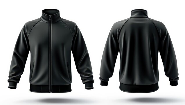 Black athletic jacket, front and back view, sportswear, full-zip, stand-up collar, long sleeves, minimalist design, monochrome, 3D rendering, product photography, realistic texture, athletic apparel, 