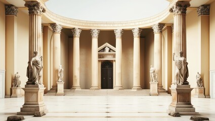 Obraz premium Ancient Roman architecture, ornate columns, symmetrical design, marble temple facade, grand entrance, Corinthian capitals, classical statues, sepia tones, historical illustration, architectural detail