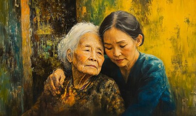 Oil painting of two women, one young, one old.