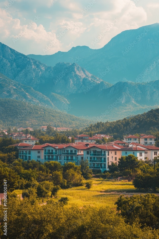 Poster a view of a town with mountains in the background, ideal for use in travel and landscape photography