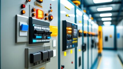 Industrial control panel, electrical switchboard, power distribution unit, circuit breakers, buttons and switches, blue and gray color scheme, fluorescent lighting, technical equipment, factory automa