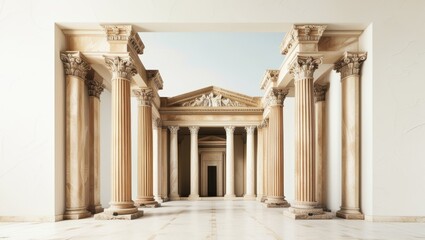 Fototapeta premium Ancient Roman architecture, ornate columns, symmetrical design, marble temple facade, grand entrance, Corinthian capitals, classical statues, sepia tones, historical illustration, architectural detail