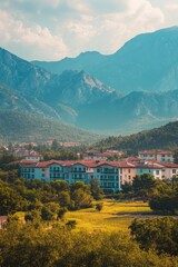 A view of a town with mountains in the background, ideal for use in travel and landscape photography projects