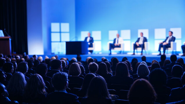 Panel discussion with experts on stage addressing an engaged crowd.