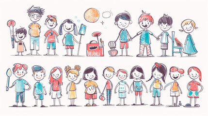 A collection of cartoon people depicting a happy lifestyle, featuring child-like, hand-drawn illustrations on paper.