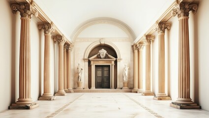 Ancient Roman architecture, ornate columns, symmetrical design, marble temple facade, grand entrance, Corinthian capitals, classical statues, sepia tones, historical illustration, architectural detail