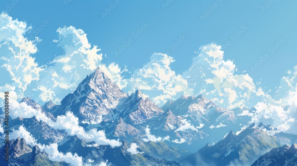 Poster A scenic view of a mountain range with white clouds in the clear blue sky, suitable for use as a background or landscape image