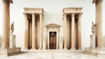 Naklejka premium Ancient Roman architecture, ornate columns, symmetrical design, marble temple facade, grand entrance, Corinthian capitals, classical statues, sepia tones, historical illustration, architectural detail