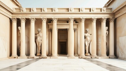 Obraz premium Ancient Roman architecture, ornate columns, symmetrical design, marble temple facade, grand entrance, Corinthian capitals, classical statues, sepia tones, historical illustration, architectural detail