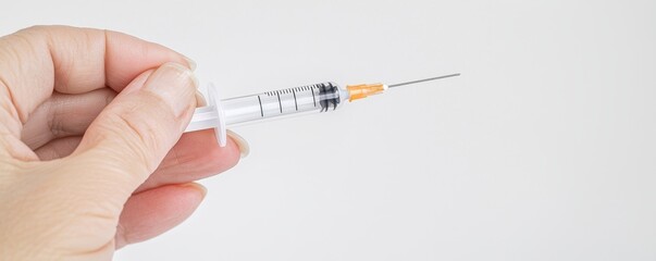 Hand holding a syringe with a needle, white isolated background.