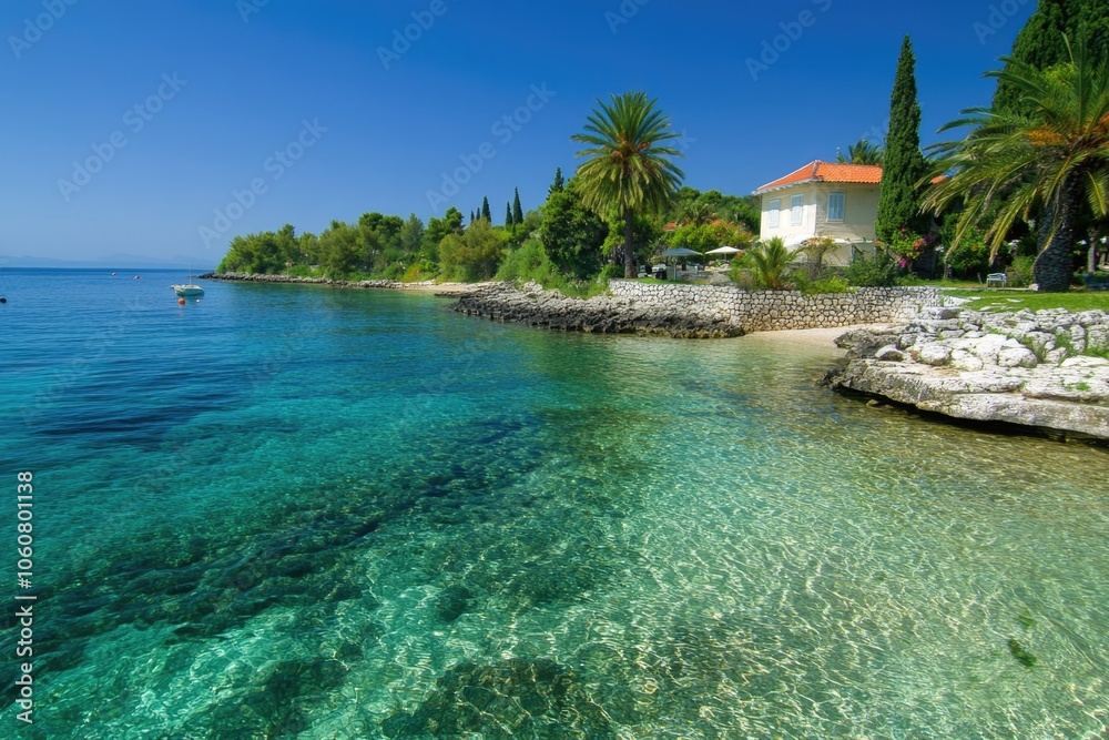 Poster calm ocean waves lap at the shore, surrounded by palm trees and a serene beach atmosphere